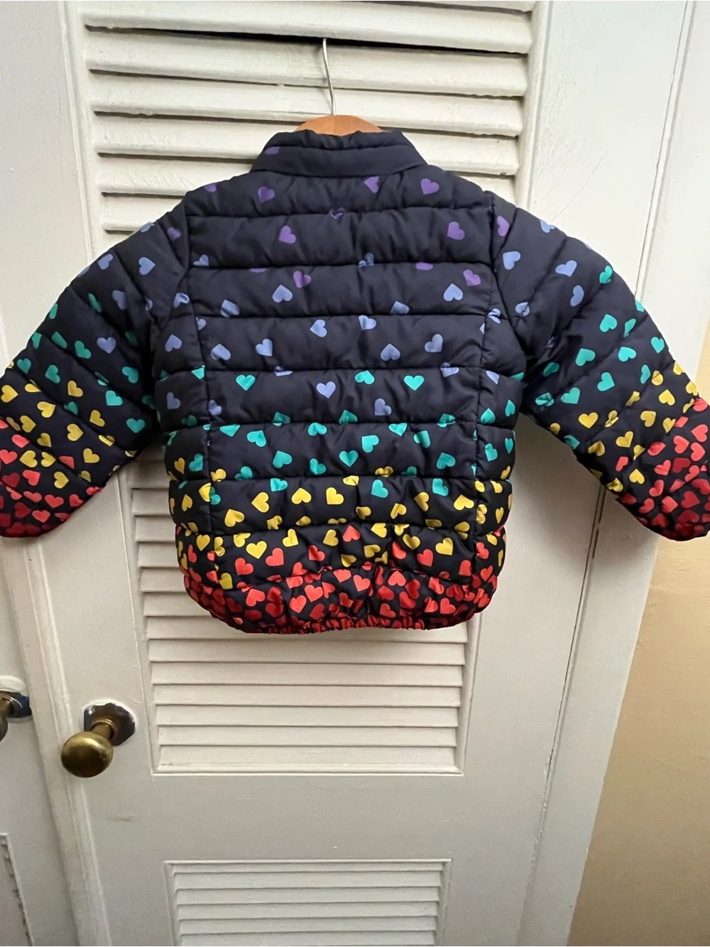 Baby Gap Toddler Girl  Quilted Puffer Jacket Size 3T Navy Blue Rainbow Hearts.